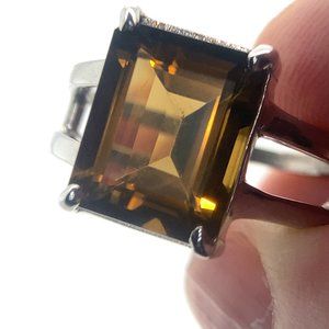 Smoky Quartz 6.18ct Rhodium Finish Solid 925 Sterling Silver Ring